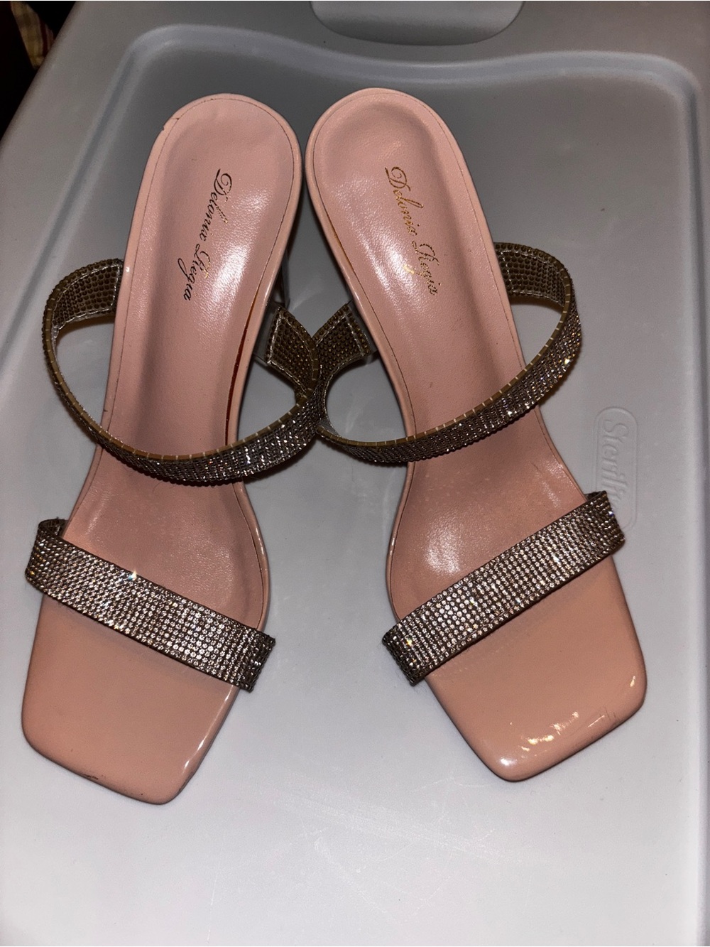Dollhouse Blush Rhinestone Double-Strap Heeled Sandals